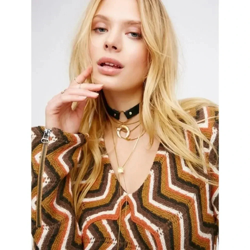 Free People Rhiannon Chevron Wool Blend Sweater Dress Neutral Combo Size S - Picture 4 of 11